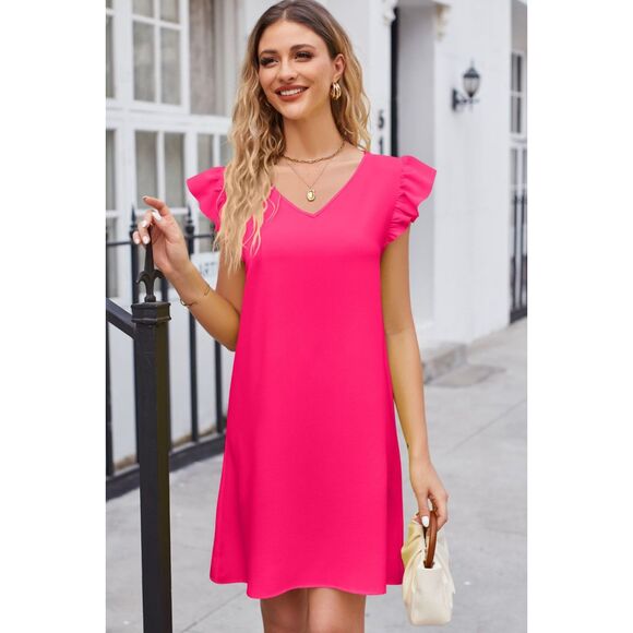 Ruffled V-Neck Flutter Sleeve Dress - Picture 3 of 3